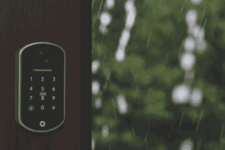 Imagem Gira Chave sendo instalada em uma porta marrom com chuva la fora